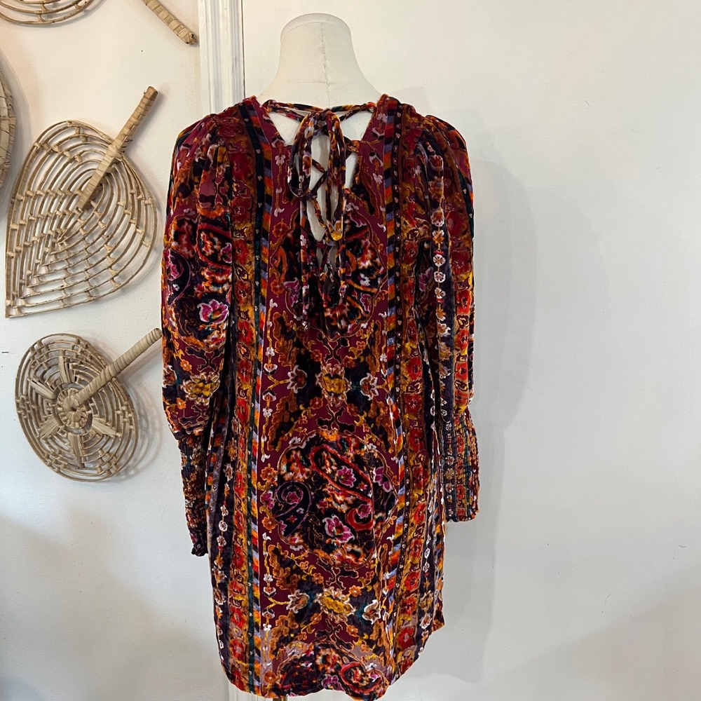 Anthropologie Red Burnout Velvet Paisley Lace Up Mini Dress Dark Academia 0 - Picture 4 of 13